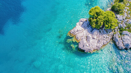 Aerial view of rocky coastline with clear turquoise water and lush green trees, creating serene and tranquil atmosphere