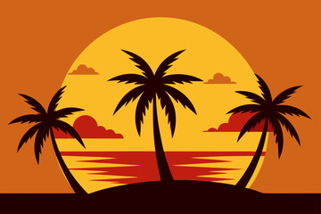 Obraz premium Tropical Sunrise Behind Palm Trees with Golden Glow Illustration