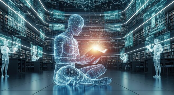 online education technology concept. A digital library featuring holographic figures reading and studying.