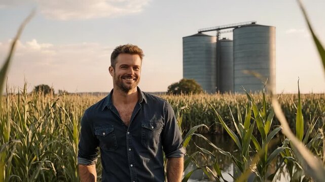 Smiling farmer standing in cornfield with grain elevators in background