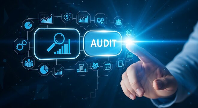 A finger presses a digital "AUDIT" button, with financial data visualizations surrounding.