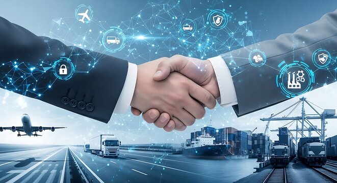 Two businesspeople shaking hands, representing global logistics and supply chain management.