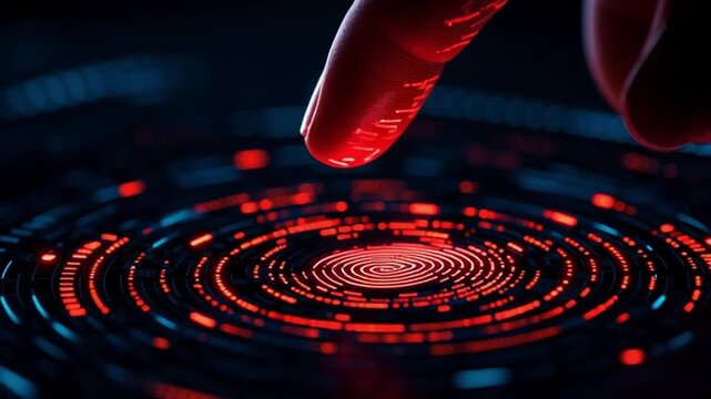 Vpn proxy protection connection concept. Glowing Red Fingerprint Touch on Digital Interface Enhances Security with VPN Proxy Protection Technology