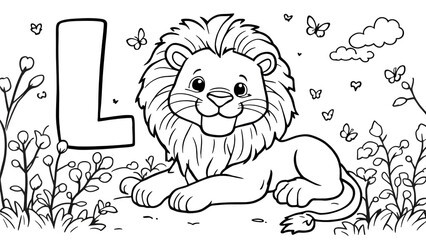 Lion with Letter L Coloring Page, isolated on white background
