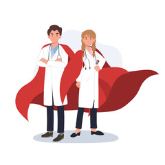 healthcare hero cartoon doctor duo illustration with stethoscopes and red superhero capes © Thidarat