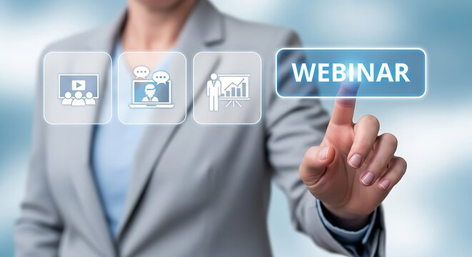 A person in a business suit selecting the "Webinar" button on a digital interface.