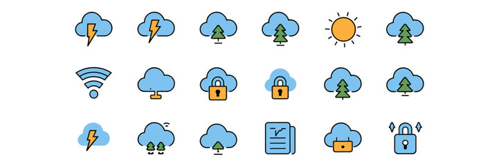 Cloud-based application icon set with natural and tech symbols – Suitable for cloud platform marketing, software service design, or app development projects.