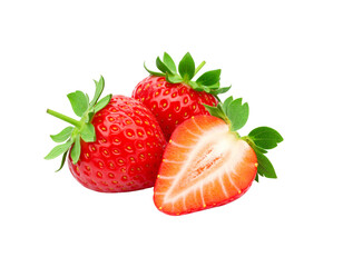 Ripe Strawberries with Green Leaves  Whole and Halved Fruit on Transparent background PNG