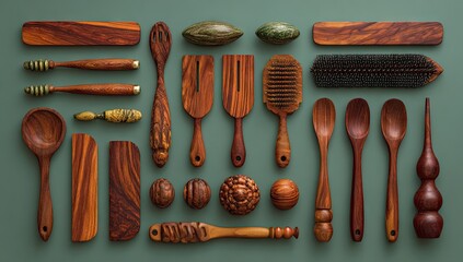 A collection of handcrafted wooden kitchen utensils arranged on a muted green background.