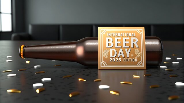 Golden national beer day sign resting on a dark table next to a brown beer bottle with confetti