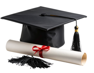 Angled Side View of Graduation Cap Placed on Diploma Scroll, Transparent Background