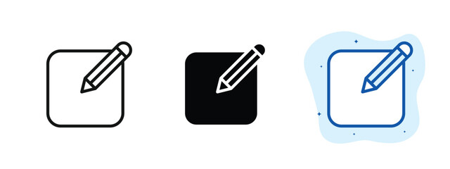 set of pixel perfect colored Edit icon, 1 silhouette, 1 Unexpanded, Pencil or pen symbol showing the option to modify or update.