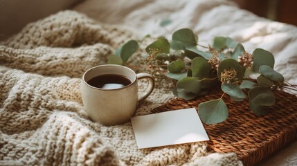 Cozy Morning Scene with Coffee Cup, Greenery, and Soft Knit Blanket in Natural Light, Perfect for Relaxation and Homely Ambiance