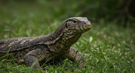 Obraz premium Close-up view of a monitor lizard resting in lush green grass, observing surroundings.