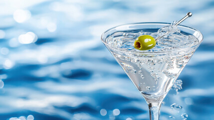 Refreshing cocktail in glass with olive, surrounded by sparkling bubbles, evokes sense of relaxation and enjoyment