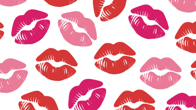 Seamless Pattern of Lipstick Kiss Prints in Red, Pink, and Rose on White Background
