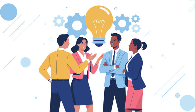 Team of Professionals Brainstorming Ideas Under Lightbulb with Gear Background in an Office