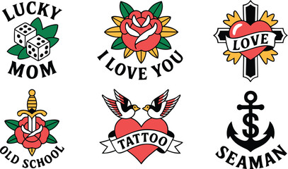 Traditional Tattoo Flash Sheet with Roses, Hearts, Dice, Birds, Anchor, and Love Themed Designs