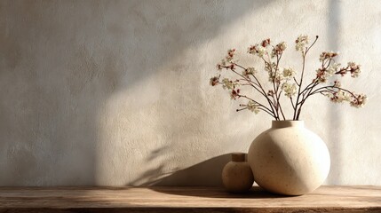 Elegant minimalist arrangement of delicate flowers in clay vases on wooden table against textured wall, providing a serene and calming atmosphere in interior design