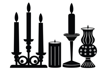 Black Silhouettes of Lit Candles in Decorative Candle Holders on White Background