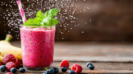 Vibrant smoothie made with fresh berries and banana, garnished with mint, creates refreshing drink experience
