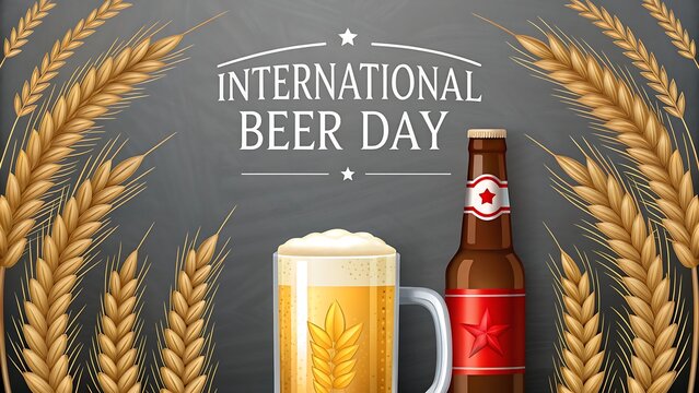 Celebrate international beer day with a frothy glass of beer and a bottle surrounded by golden wheat stalks