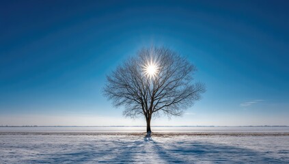 Solitary tree on a snow-covered plain under a vibrant blue sky.