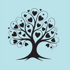 Illustration of a black tree with heart shaped leaves on blue background