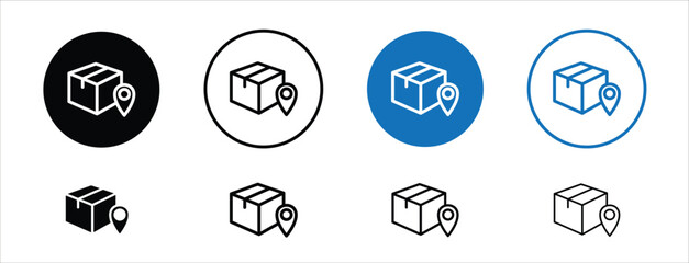 set of pixel perfect colored Parcel tracking icon, 1 silhouette, 1 Unexpanded, Box with location pin showing trackable delivery.
