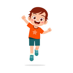Happy Boy Jumping with Joy, Cartoon Character Illustration, Smiling and Excited with Orange Shirt