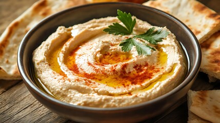 Creamy Hummus with Olive Oil and Paprika in a Bowl