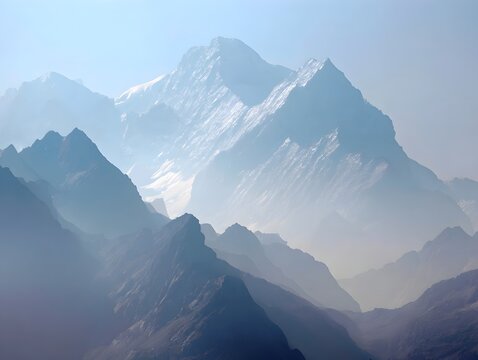 Majestic snow capped mountains in a hazy remote landscape