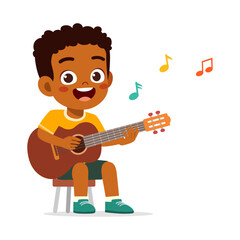 Happy african boy playing guitar while sitting on the stool, cartoon style