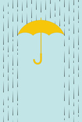 Umbrella and rain. Yellow umbrella silhouette and rain jets isolated on a blue background. Vector icon, illustration, protection symbol.