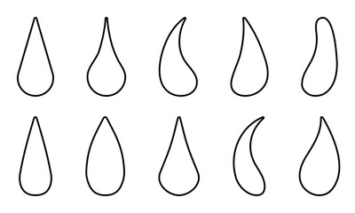 Water drops outline set isolated on a white background. Different drop shapes. Editable stroke, line thickness can be changed. Linear icon, vector illustration.