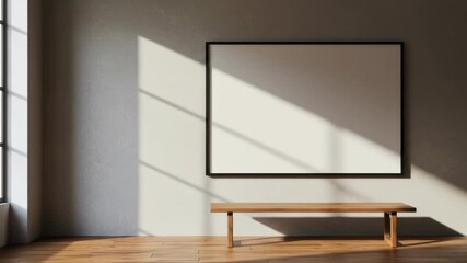 A bright room features a framed, blank canvas above a wooden bench, with angled sunlight illuminating the wall and floor - Powered by Adobe