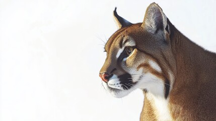 Close-up profile of a bobcat against a bright white background.