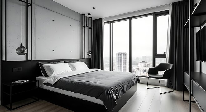 Fototapeta Modern minimalist bedroom with city view, featuring a large bed, dark furnishings, and floor-to-ceiling windows.