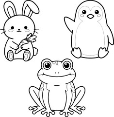 Cute Black and White Cartoon Animals – Bunny, Frog, and Penguin Outline for Coloring Books and Kids Worksheets