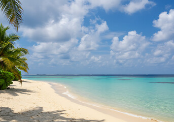 Perfect tropical getaway: a serene white sand beach leading into sparkling clear turquoise ocean water.

