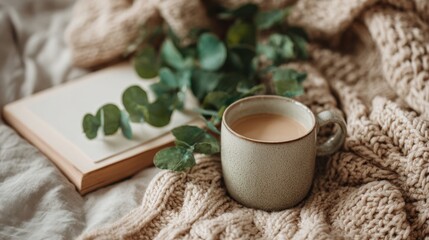 Cozy Morning Scene with Coffee Mug, Greenery, Book, and Knitted Blanket in Soft, Warm Lighting for Relaxation and Comfort Aesthetic