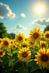 Obraz premium Golden sunflowers bask in bright sunlight, vibrant field , plants, leaves