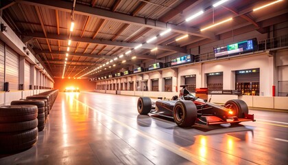 Formula 1 Car Racing Action in Pit Lane with Realistic Lighting Effects at Modern Race Track