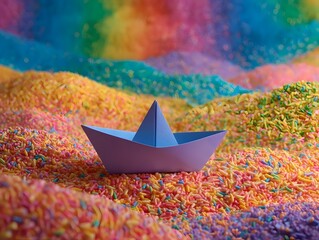 A paper boat on a colorful abstract landscape
