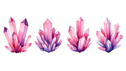 Watercolor illustration of four crystal clusters isolated on transparent background