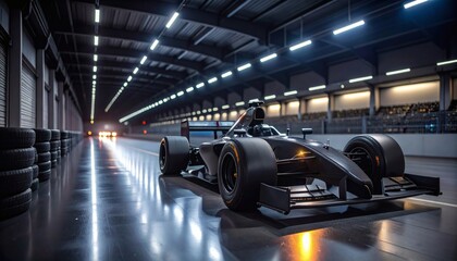 Race Car Action Shot in Formula 1 Pit Lane, Hyper-Realistic Photo with Empty Walls and Vibrant Lighting