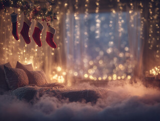 Christmas stockings hanging above cozy bed with fairy lights