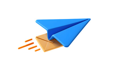 A blue paper airplane soars above a yellow envelope isolated on transparent background