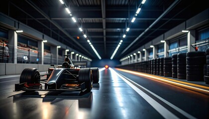 Dynamic Formula 1 Race Car in Hyper-Realistic Pit Lane, Empty Pits, Industrial Environment, Captured at Night