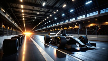 High-Speed Action, Formula 1 Car, Empty Pit Lane, Hyper-Realistic Photo, Indoor Racing Environment, Dynamic Viewpoint, Motorsport Concept
